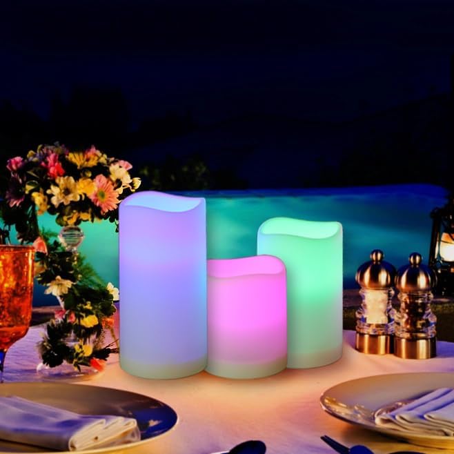 Remote Control Rechargeable Flameless LED Candle Light, Outdoor/Indoor Color Changing Plastic Candle, 3 Pack…