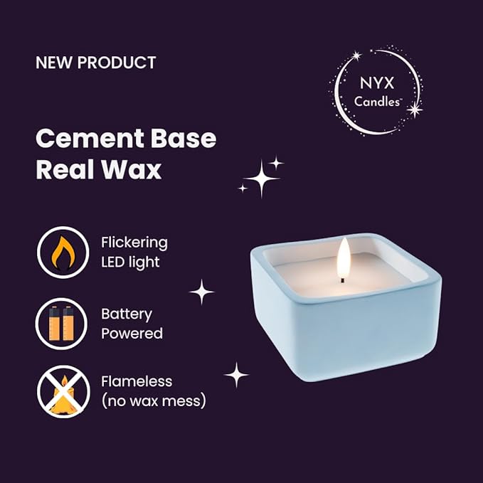 Square Flameless Candles (Blue) - LED Flickering Fake Candles - Made of Real Wax in a Cement Base - an Ideal Gift.
