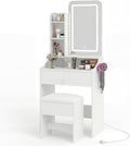DUMOS Makeup Vanity Desk, Vanity Table Set with Mirror and Lights, Small Vanity with Storage Bench, Charging Station and Hair Dryer Holder, Dressing Table with Drawer and Three Shelves, White