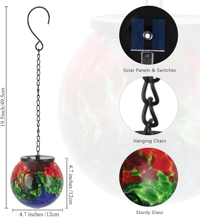 Solar Hanging Lanterns Outdoor, Waterproof Gazing Ball Lights, Hanging Glass Globe Light for Garden Yard Tree Home Xmas Decor,Green Splash-Ink