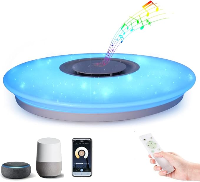 Upgrade WiFi Music Ceiling Light with Bluetooth Speaker and Remote Control, 15 inch Dimmable Ceiling lamp Compatible with Alexa and Google Home 36W RGB Family Party Lights for Bedroom Living Room