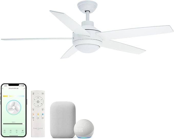 Airvana 52in 5-Blade Smart Indoor or Outdoor Ceiling Fan 2700K-6000K CCT Tunable Range LED Light Kit in Matte White Works With iOS or Android App