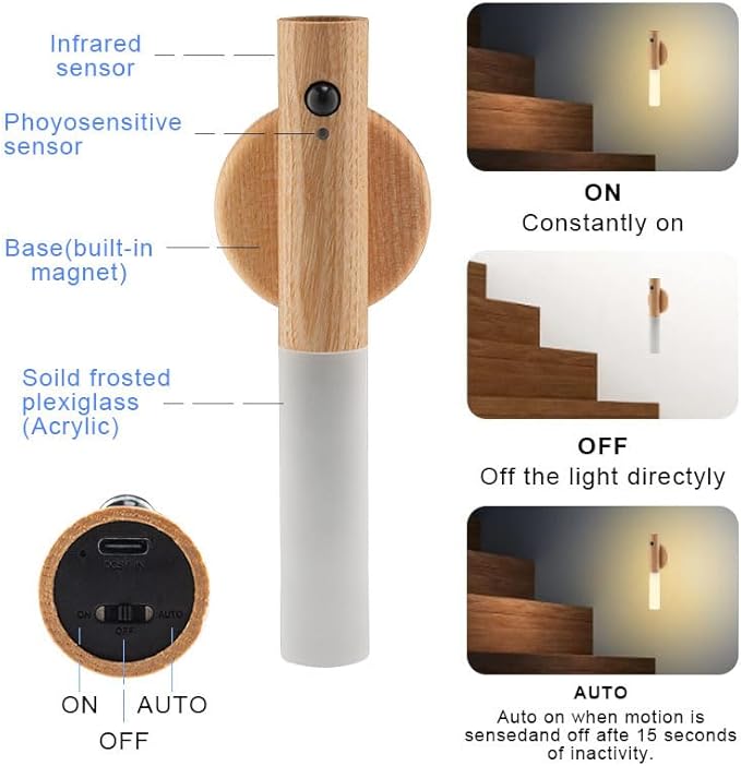 LANDGOO LED Wall Sconces Motion Sensor Lights Portable 360° Lamps Battery Operated Rechargeable Warm Vanity Lighting Fixture Modern for Living Room Bedroom (White Ash Wood 1PC)