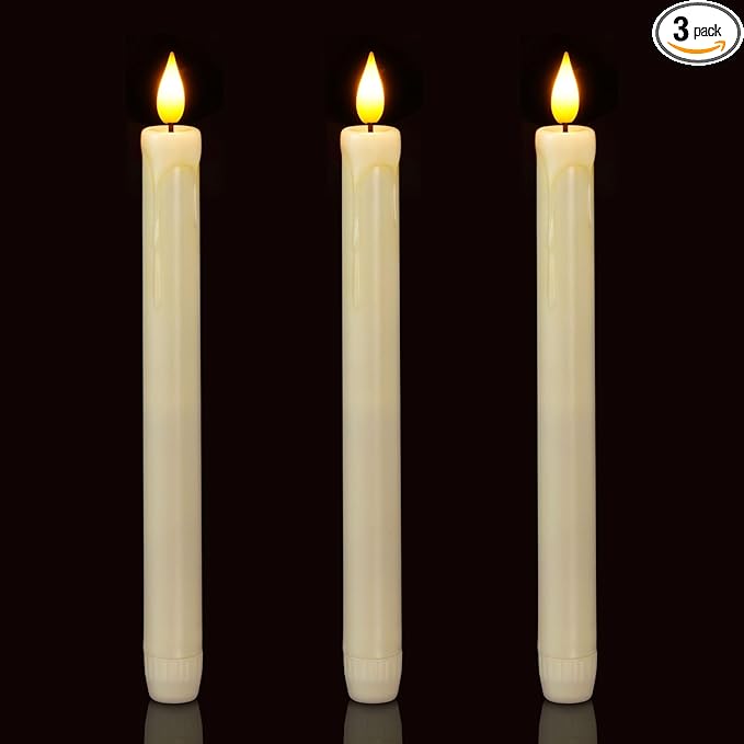 Homemory 3 Pack Flameless Taper Candles, No Remote, Realistic Flickering Battery Operated Candlesticks, Ivory LED Plastic Candle Safe for Weddings, Table Decor, Christmas, and Halloween