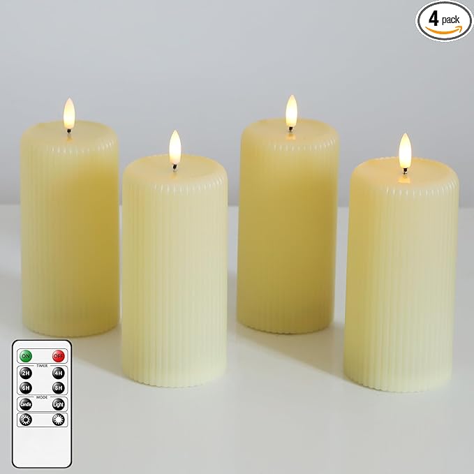 Lezonic 4pcs Flameless Candles with Remote, Battery Operated LED Candles Ivory Plastic, Flickering Electric Pillar Candles Realistic Drip Wax Effect for Home, Wedding, Christmas Party(Not Waterproof)