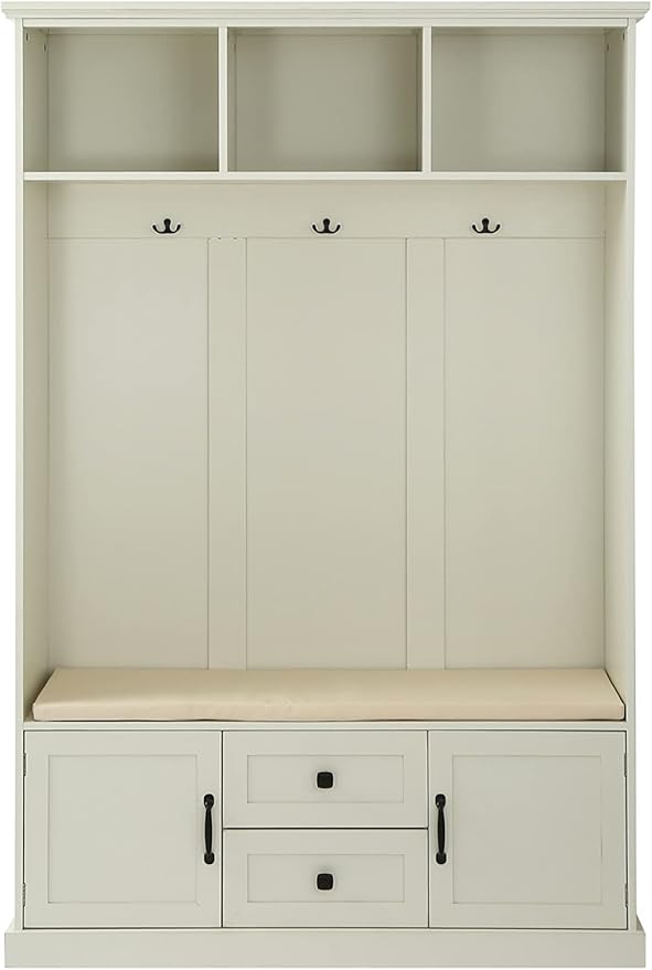 RUNNA Delicate 3-in-1 Hall Tree with 2 Cabinet and 2 Drawers,3 Open Shelves and 3 Hooks,Coat Hanger and Storage Bench,for Livingroom Hallway Entryway Use (Beige#H-)