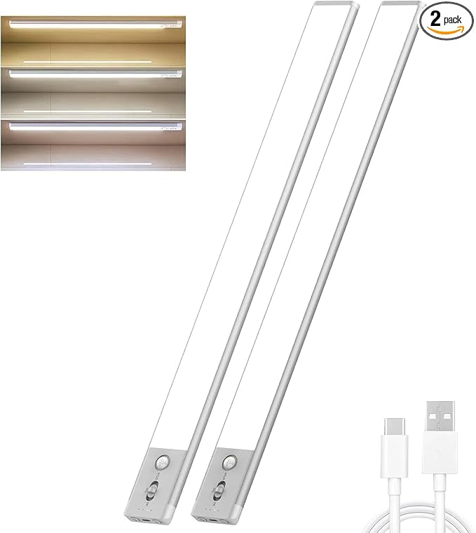 Under Cabinet Lights 2 Pack,128 LED Rechargeable Battery Operated Motion Sensor Light Indoor, Magnetic Dimmable Closet Lights, Wireless Under Counter Lights for Kitchen, Stairs (Silver)