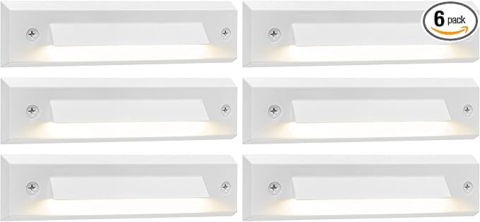 GKOLED 6-Pack Low Voltage 9-15V AC/DC LED Linear Step Lights, 2W Landscape Cutoff Stair Riser Light, Outdoor Waterproof Accent Lighting Fixtures, Die-cast Aluminum with White Powder Coated Finish