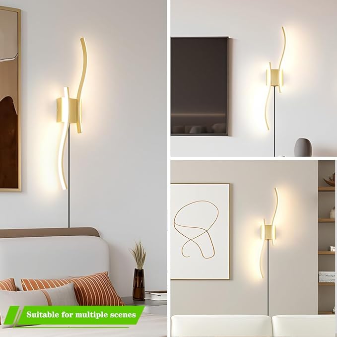 Modern Plug in Wall Sconce Set of 2, Gold Dimmable LED Wall Light with Remote Control, 3CCT Adjustable & Memory Function, Timer, Plug in Cord Wall Lamp for TV Wall Living Room Hallway Bedroom