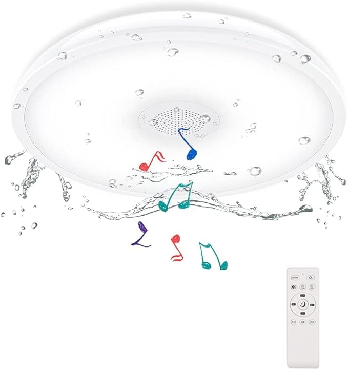 Upgrade Waterproof Ceiling Light LED Music Ceiling Lamp with Bluetooth Speaker,FCC UL1598 Certified 18W Color Changing Light with Remote Control for Bathroom Shower Kitchen Outdoor ( Need Wired )