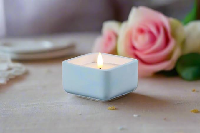 Square Flameless Candles (Blue) - LED Flickering Fake Candles - Made of Real Wax in a Cement Base - an Ideal Gift.
