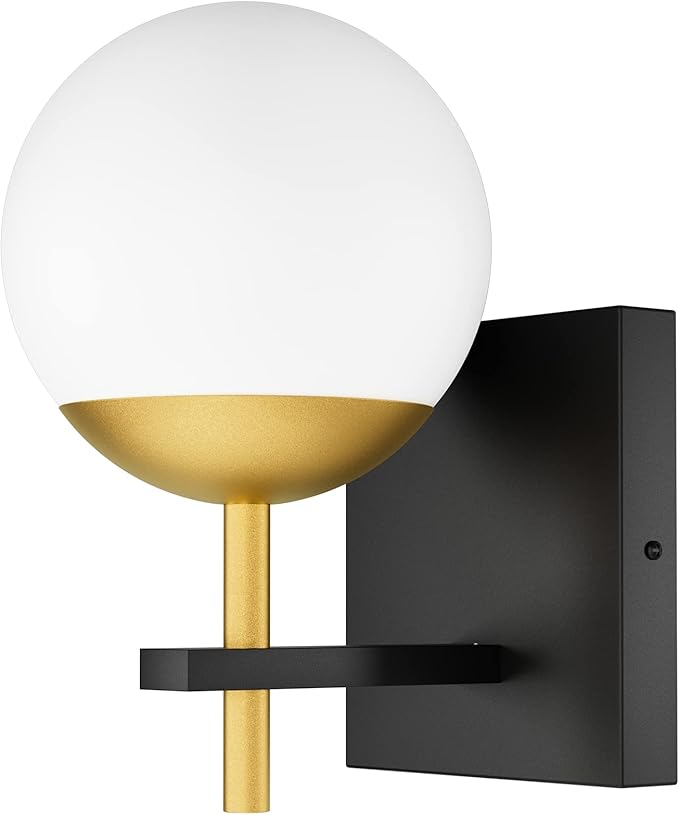 Ralbay Black Gold Wall Sconce, Mid Century Modern Wall Lighting Fixtures Milky Glass Indoor Wall Lamp for Home Decor Bathroom Kitchen Living Room Vanity Hallway, Black and Gold 1 Light