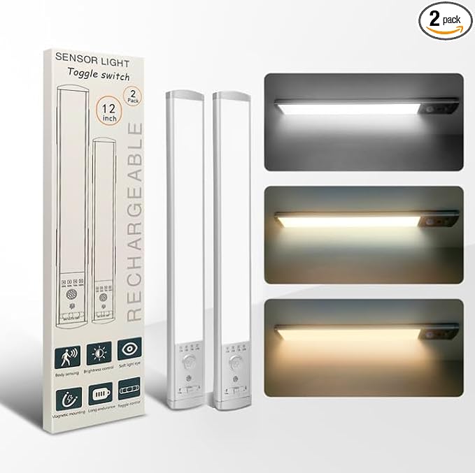 Under Cabinet Lighting, 2Pack Motion Sensor Light Indoor with 3 Color Temps, Rechargeable Under Counter Lights for Kitchen,Dimmable Closet Lights Battery Operated, 88 LED Motion Sensor Light Indoor