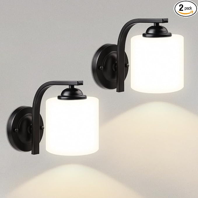 Wall Sconce 2-Light, Modern Wall Lighting Fixture, Bathroom Vanity Lights with Matte Black Wall Lamp for Mirror Bedroom Kitchen Hallway Porch, Milky White Glass Shades, E26 Socket, Bulbs Not Included