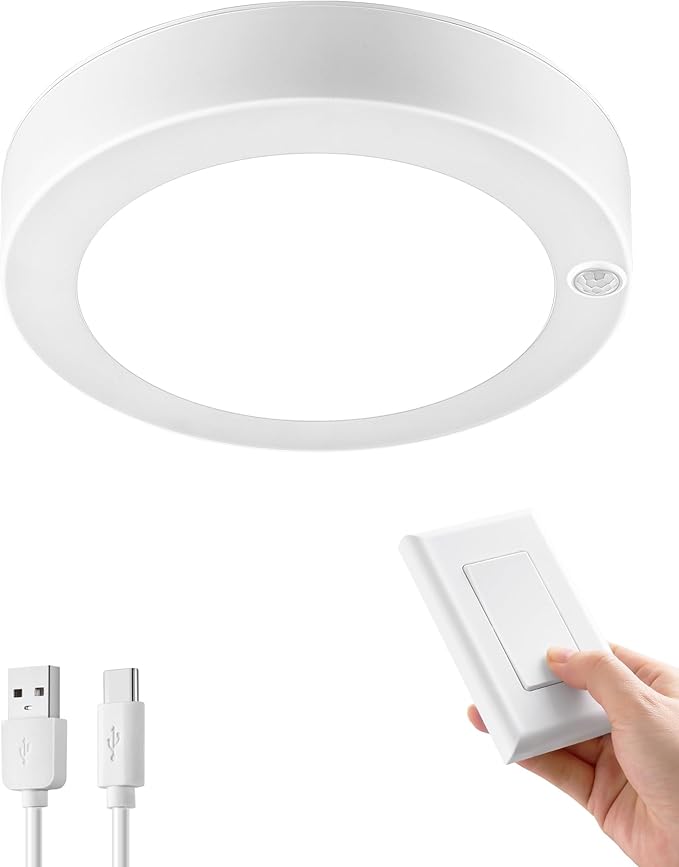 SURAIELEC Rechargeable Ceiling Light with Wall Switch, 8000mAh Battery Ceiling Light Indoor, Wall Switch Remote or Motion Sensor, 6500K 300LM, Battery Lights No Wiring for Shed, Pantry, Closet, 1-Pack
