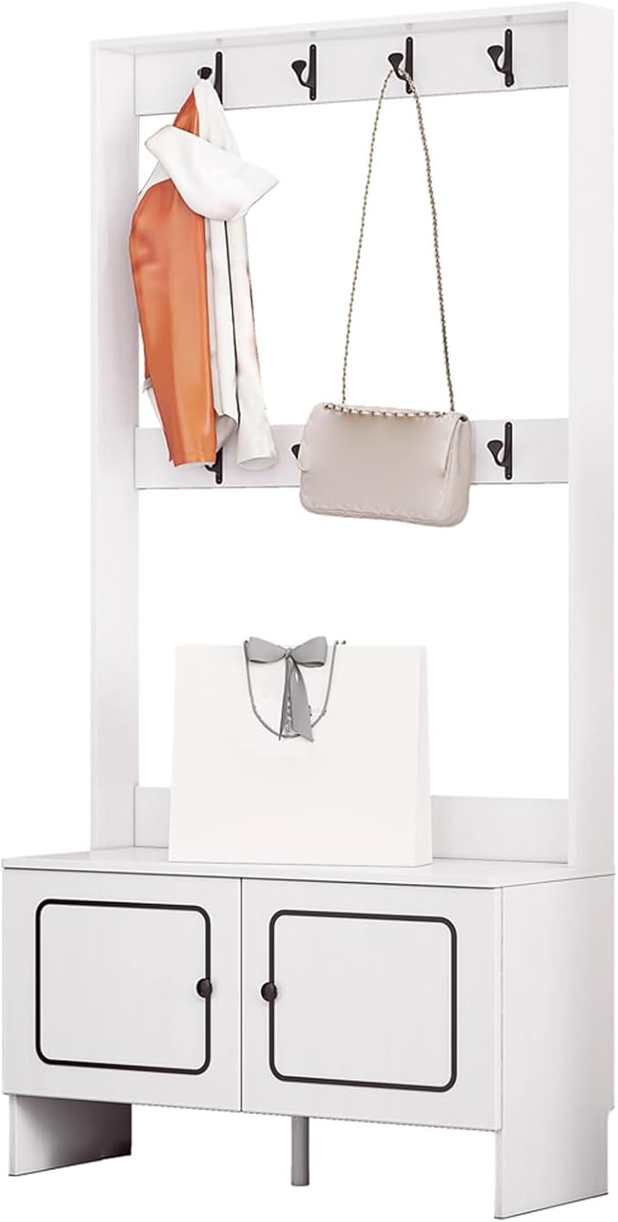Modern Coat Rack Shoe Bench, 3 in 1 Multifunctional Entryway Organizer with Bench, Shoe Storage and Coat Rack, Entryway Organizer for Small Spaces(Black,70cm/28in)