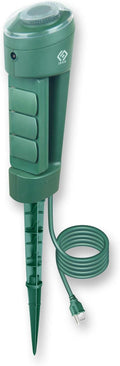 Outdoor Power Stake, 3 Grounded Outlets with 180° Rotating Function and Safety Cover and Photocell Timer 2/4/6/8 Hour Countdown, Dusk to Dawn, 6FT Cord, UL Listed, Green