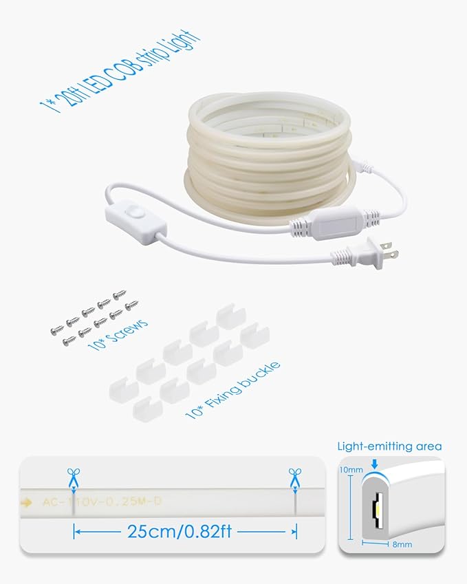Outdoor COB LED Rope Lights Waterproof with Switch IP65 20FT/6M AC110V-120V LED Strip Light Daylight White 6000K 1728LED/6M Super Density Bright LED Tape Light Indoor for Garden Decor