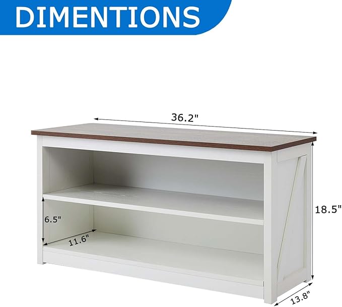 Farmhouse Storage Bench with 2-Tier Open Shelf, Shoe Bench with Cushion for Entryway, Mudroom, Hallway, Living Room & Bedroom Organization, White