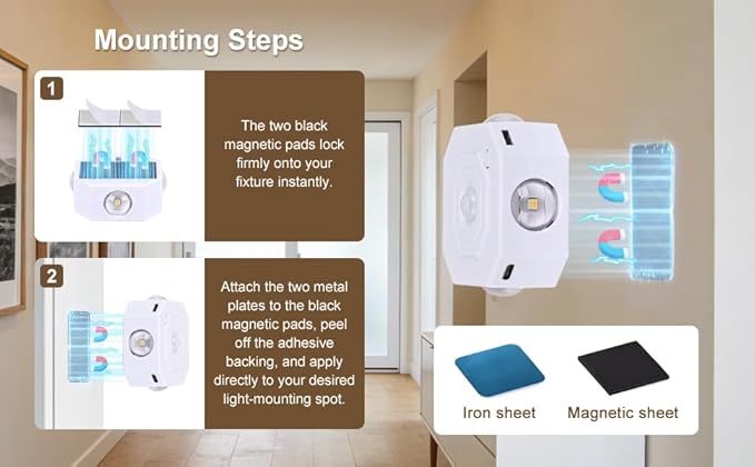 Motion Sensor LED Night Lights 4 Pack, Indoor Rechargeable Stair Lights, Magnetic Installation, 3 Color Temp Dimmable, Wireless Wall Sconce for Hallway Closet Bathroom Cabinet