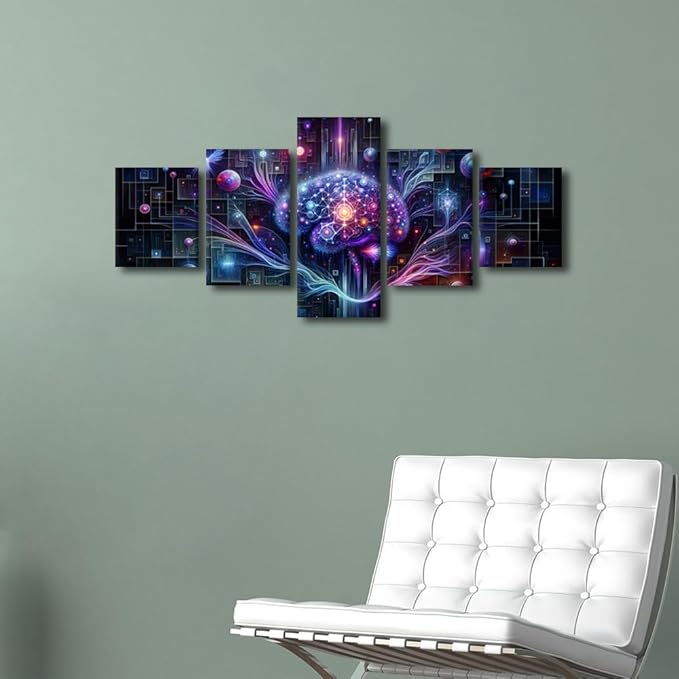 5 Panel Living Room Wall Decor Digital Brain Canvas Wall Art Neural Network Wall Decorations for Bedroom Technology Picture for House Wall Decoration Artificial Intelligence Poster for Room 50"Wx24"H