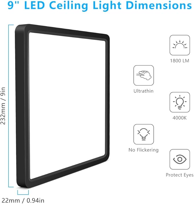 9Inch 18W Square LED Ceiling Light Fixtures Flush Mount, 4000K Natural White Ceiling Lamp, Surface Mount Modern Ceiling Lights, Slim Flat Panel Lighting for Bedroom, Kitchen, Bathroom Etc.Black