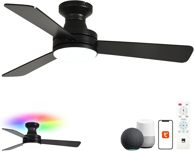 Orison Smart Ceiling Fans with Lights – 42" Low Profile Flush Mount, RGB Backlight & Dimmable LED, Alexa & Google Compatible, 6-Speed Reversible, App & Remote Control, Quiet & Energy Saving, Black