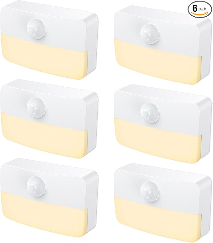 【6 Pack】Motion Sensor Night Light, Stick-On Motion Sensor Lights Indoor, Battery Powered Under Cabinet Kitchen Lights with Adhesive Pads, Auto/On/Off for Cupboard Wardrobe Stair Kitchen Warm White