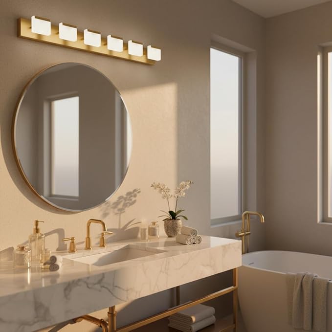 MEGAWISE Modern White LED Vanity Light, (3000K/4000K/6000K, Dimmable), Modern Waterproof Mirror Front Light for Bathroom, Makeup & Vanity Lighting (Gold, 6 Lamps)