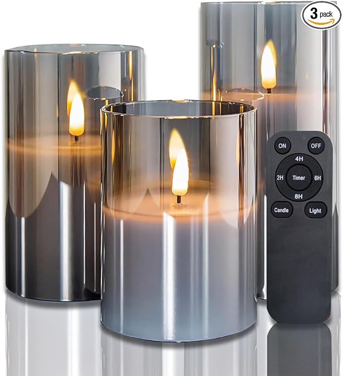 CANDLE CHOICE Real Wax Battery Operated Flameless Pillar Candles with Remote Timer Grey Glass Shell Realistic Black Wick Flickering Electric LED Lights Wedding Halloween Christmas Decorations 3 Pack