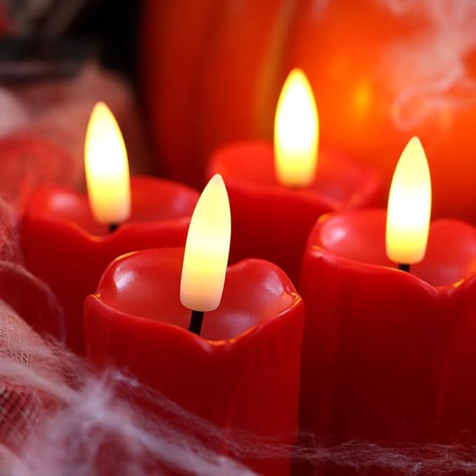 Battery Operated Plastic Flameless LED Drip Pillar Candle with Cycling Timer, Red Flickering Realistic Electric Light for Christmas Halloween Indoor Home Dinner Party Centerpiece Fireplace Decor 6Pcs