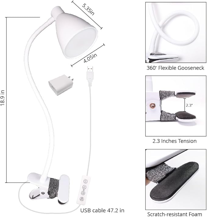 GlowVibe Desk Lamp Eye-Caring 360° Flexible Gooseneck 3 Color Modes 10 Brightness Dimmable 10W 40 LED, Portable Reading Book Light Clamp Study Desk Lamps for Bedroom and Office Home Lighting (White)