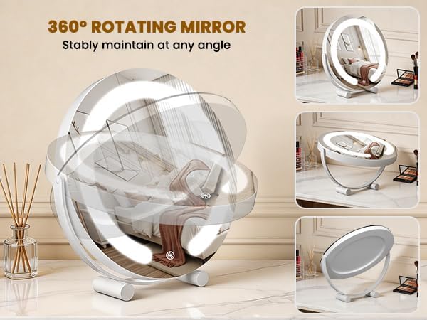 Vanity Mirror with Lights, 12" LED Makeup Mirror, HD Professional Mirror, Smart Touch with 3-Color Lighting, Dimmable, 360° Rotation, Lighted Up for Makeup Desk, Bedroom (White)