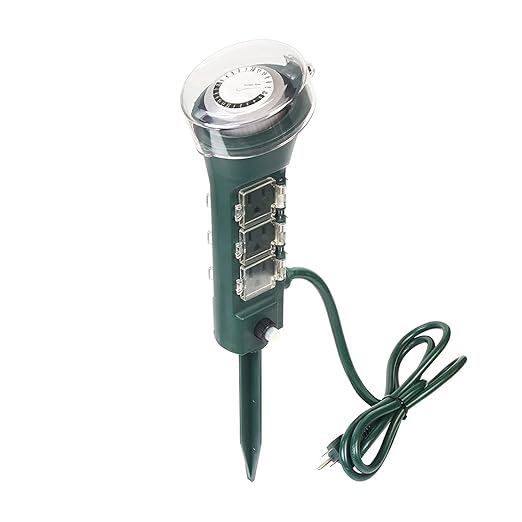 Clear Power Outdoor Power Strip Yard Stake Programmable Mechanical Timer, 6 Grounded Outlets - 6 ft Cord, Weatherproof for Outdoor Lamps Lights Ponds Christmas Lights DCOT-0007-DC