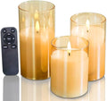 CANDLE CHOICE Real Wax Battery Operated Flameless Pillar Candles with Remote Timer Gold Glass Shell Realistic Black Wick Flickering Electric LED Lights Wedding Halloween Christmas Decorations 3 Pack
