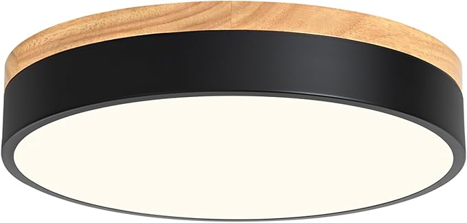 Modern Wood Flush Mount Ceiling Light, Black LED 5CCT 2700K-6000K Dimmable Ceiling Light Fixtures, Round Close to Lighting Fixture for Kitchen Entryway Hallway Bedroom Laundry Room-11.8in