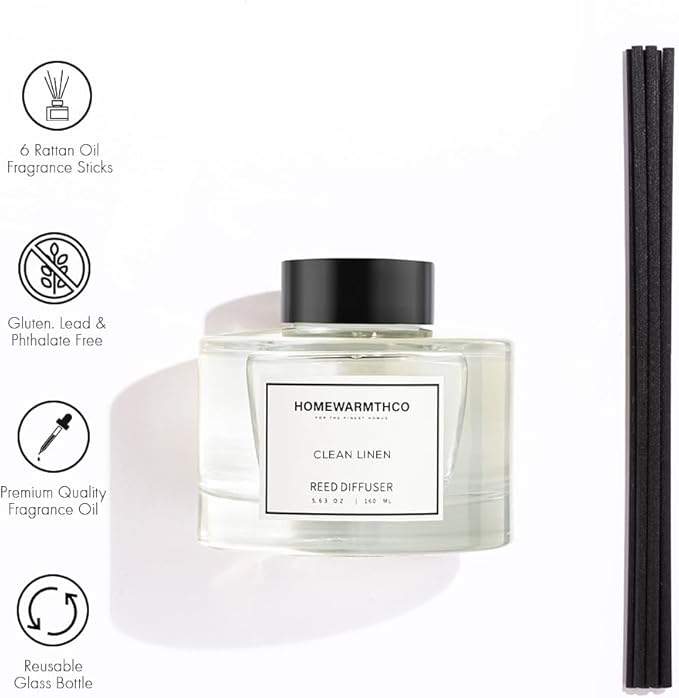Clean Linen Reed Diffuser Set - Luxury Fragrance Reed Diffusers for Home, Office & Bathroom Décor - Long Lasting Scent Sticks Diffuser with Non-Toxic Oils (5.63 oz) (Clean Linen)