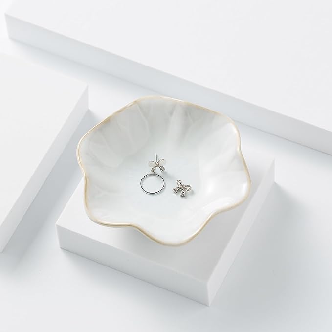 2Pcs Ceramic Jewelry Dish - Lotus Leaf Shape, for Ring Holder Necklace Small Key, Suitable for Mother Friend Sister, Gifts for Women, Cute Plate Trinket Tray, Home Decor (Pink & White)