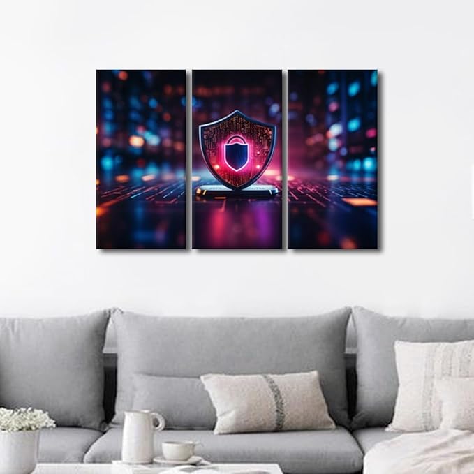 TUMOVO Modern Wall Art 3 Panel Internet Network Security Pictures Print on Canvas for Wall Art Decoration, Cyber Security and Data Protection Artwork Wooden Framed Ready to Hang, 36" Wx24 H