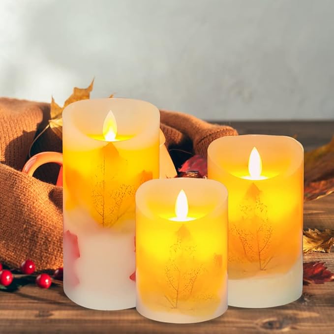 Maple Leaf Flameless Candles Flickering Battery Operated Decorative Candles Set Pack of 3(D: 3" x H: 4" 5" 6") LED Candles with Remote Control Timer (Maple Leaf Candles)
