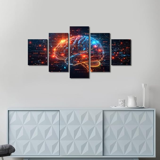 5 Panel Artificial Intelligence Human Brain Canvas Wall Art Neural Networks Painting Wall Decorations for Living Room Technology Posters Data Code in Brain Pictures for Bedroom Wall Decor 60"Wx32"H