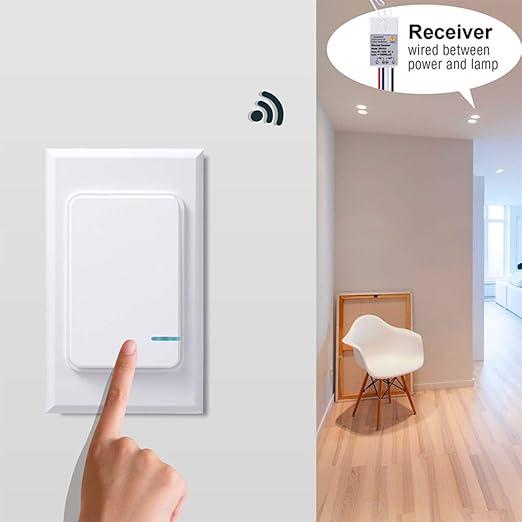 Thinkbee Wireless Light Switch and Receiver Kit, Mini Remote Control Switch with Wall Plate for Ceiling Lights, Lamps, Lighting Fixture, No Wiring No WiFi Needed, Outdoor 1969ft Indoor 328ft RF Range