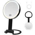 Lighted Makeup Mirror with 3 Color Modes & Dimmable Brightness, 360° Rotation, Double-Sided 1X/10X Magnifying Mirror, Rechargeable Portable Vanity Mirror for Home and Travel, Touch Control - White