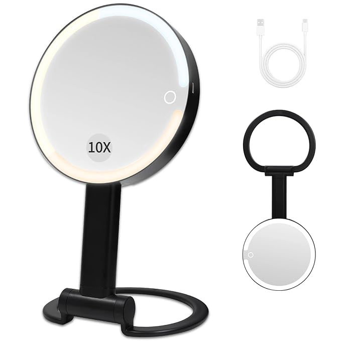 Lighted Makeup Mirror with 3 Color Modes & Dimmable Brightness, 360° Rotation, Double-Sided 1X/10X Magnifying Mirror, Rechargeable Portable Vanity Mirror for Home and Travel, Touch Control - White