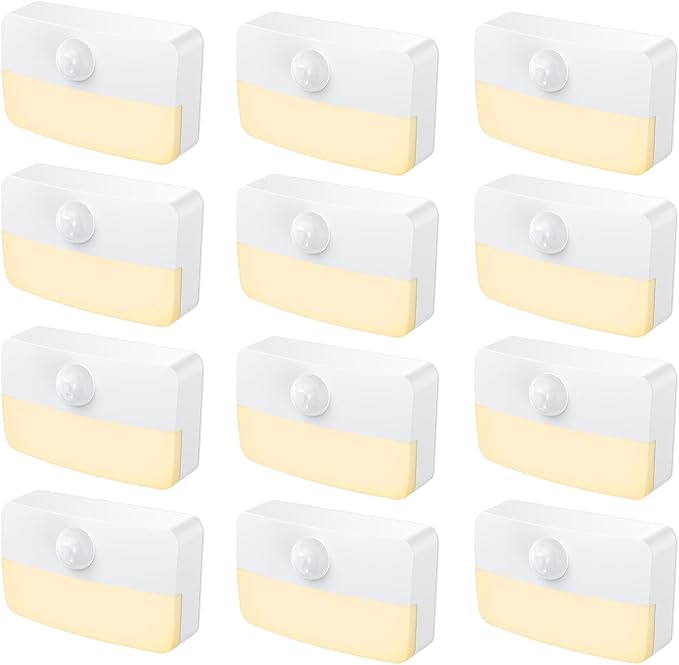 12 Pack Motion Sensor Night Light, Stick-On Motion Sensor Lights Indoor, Battery Powered Under Cabinet Kitchen Lights with Adhesive Pads, Auto/On/Off for Cupboard Wardrobe Stair Kitchen- Warm White