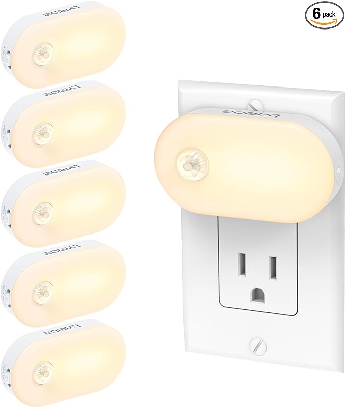 Lyridz 120LM Ultra Bright Plug-in Motion Sensor Night Light, Stepless Dimmable LED Nightlight, Always-On and Auto-Off, for Hallway, Stairs, Bathroom, Bedroom, Garage, Warm White (6-Pack)