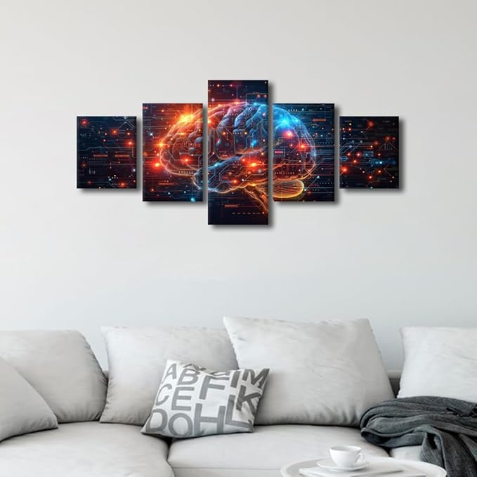 5 Panel Brain's Neural Networks Wall Art for Living Room Digital Code Pictures for Bedroom Wall Decor Artificial Intelligence Painting Wall Decorations for House Human Brain Prtins Artwork 50"Wx24"H