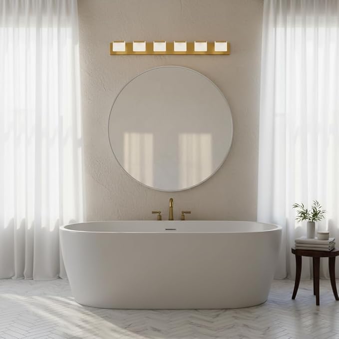 MEGAWISE Modern White LED Vanity Light, (3000K/4000K/6000K, Dimmable), Modern Waterproof Mirror Front Light for Bathroom, Makeup & Vanity Lighting (Gold, 6 Lamps)