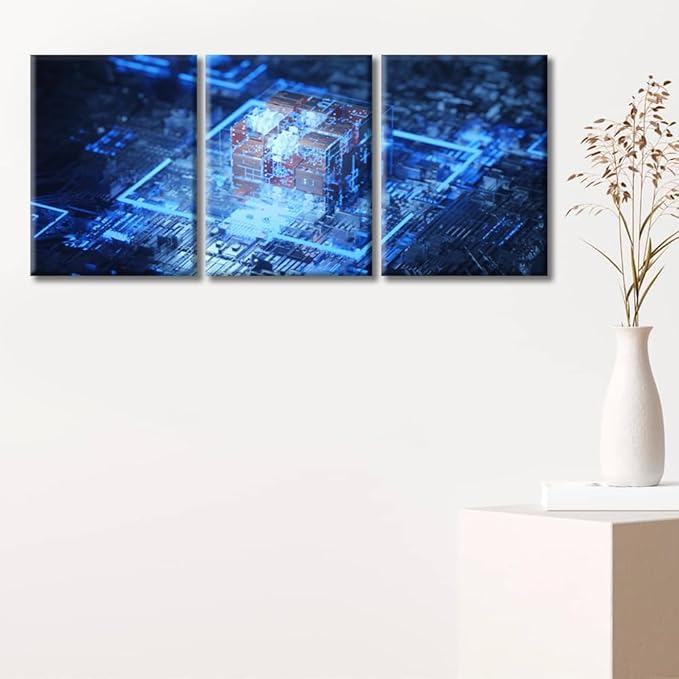 TUMOVO 3 Piece Integrated Communication Processor Wall Art for Living Room CPU Concept Canvas Wall Art Poster Motherboard Digital Chip Wall Decor for Bedroom Framed Ready to Hang(36" Wx16 H)