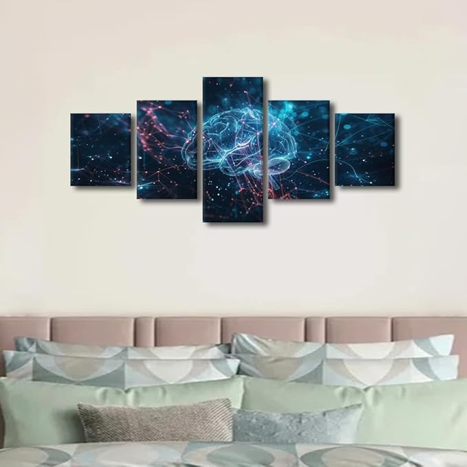 5 Panel Digital Brain Canvas Painting for Bedroom Futuristic Technology Artwork Paintings Framed Ready to Hang Neural Network Pictures for Bedroom Posters and Prints Room Decorations for Men 50"Wx24"H